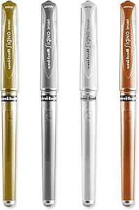 uni-ball Signo Pen Broad Metallic Gel Ink Rollerball - Metal 1mm Tip Nib 0.65mm Line Width With Rubber Grip - UM-153 - (Pack Of 4) - Gold, Silver, White & Bronze