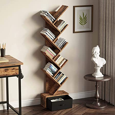 Rolanstar Bookshelf Bookcase with Drawer, Floor Standing Tree Bookcase, Bookshelves Storage Rack for CDs/Movies/Books, Utility Organizer Shelves for Living Room, Office Room BC004-YW-RR