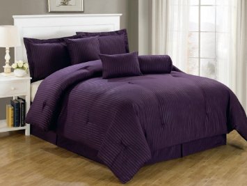 Chezmoi Collection 7-Piece Hotel Dobby Stripe Comforter Set, King, Purple