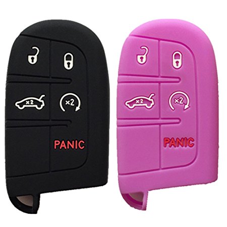 Qty 2 (Black and Purple) Key Case Cover Jacket Silicone Rubber Fob Keyless Remote Holder Skin fit for JEEP FIAT DODGE CHRYSLER Smart Remote Key Case