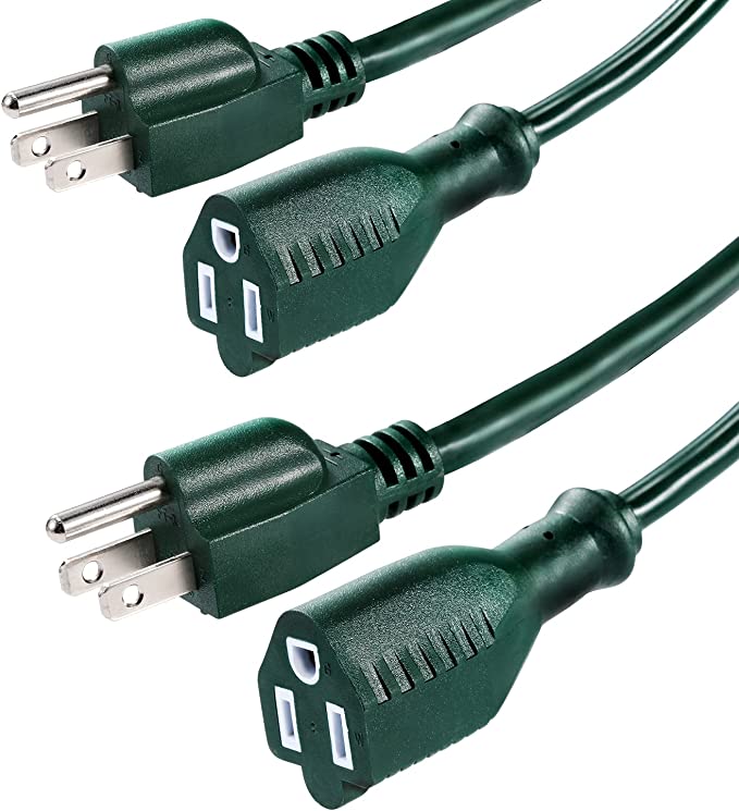 UL Listed Power Extension Cord ,DanYee Indoor/Outdoor(Marked General Use on The Tag) 16 AWG Heavy Duty AC SJTW Waterproof Electrical Extension Cable NEMA 5-15P to NEMA 5-15R(3FT 2PACK, Dark Green)