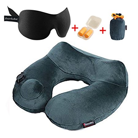 Inflatable Travel Pillow with Free Memory Foam Sleep Mask, Earplugs and Carry Pouch by Iserlohn, Comfortable Neck Pillow for Neck Pain Relief, Soft Velvet Washable Cover