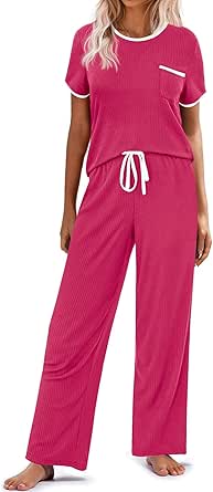 Ekouaer Women Lounge Pajamas Sets Ribbed Knit PJ Short Sleeve and Long Pajama Pant Soft 2 Piece Sleepwear Loungwear Set