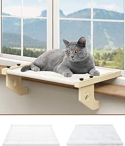 Cat Window Perch,Cat Window Bed for Indoor Cats,Wood & Metal Frame for Kitty Window Perch,Window Sill Cat Perch with Bed Cover,Cat Window Shelf for Seat&Bed,for Windowsill, Bedside, Cabinet(Drawer)