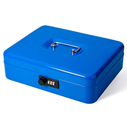 Safe Metal Cash Box with Money Tray & Combination Lock, Decaller Large Lock Storage Money Box with 5 Compartments Cash Tray, Blue, 11 4/5" x 9 2/5" x 3 1/2", QH3002L