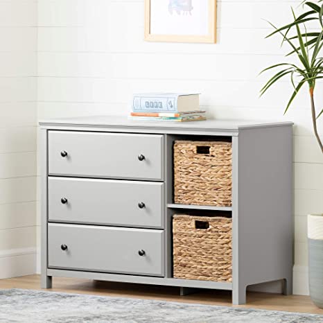 South Shore Cotton Candy 3-Drawer Dresser with Baskets, Soft Gray