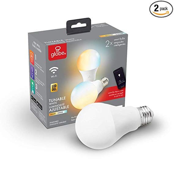 Globe Electric Smart Collection Wi-Fi 10 Watt (60W Equivalent) Dimmable Frosted LED Light Bulb 2-Pack, No Hub Required, Voice Activated, 2000K-5000K, A19 Shape, E26 Base 34208, A19, Tunable White