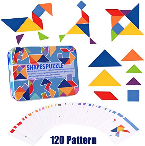 Wooden Pattern Puzzle Shape Blocks Tangram Montessori Brain Teasers STEM Jigsaw Colorful 120 Patterns 60 Cards Early Learning Challenge IQ Travel Game Educational Gift for Kid Toddlers Baby