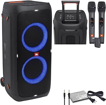 JBL PartyBox 310 Portable Bluetooth Party Speaker with Lights (JBLPARTYBOX310AM)   Wireless Two Microphone System with Receiver   AUX Cable   Microfiber Cloth