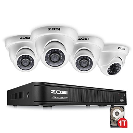 ZOSI 8 Channel 720P AHD-TVI Security Camera System 1080N DVR Video Recorder with 1TB Hard Disk Built-in and (4) 1280TVL Weatherproof Dome Cameras with 65ft Night Vision
