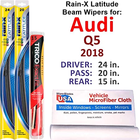 Rain-X Latitude Beam Wipers for 2018 Audi Q5 Set w/Rear Rain-X Latitude Beam Blades Wipers Set Bundled with MicroFiber Interior Car Cloth