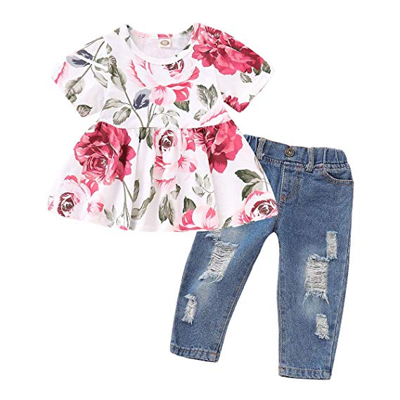 NZRVAWS Baby Girl Clothes 2PCS Ruffle Outfits Short Sleeve Floral Shirt Tops  Denim Pants Ripped Jeans for Girls