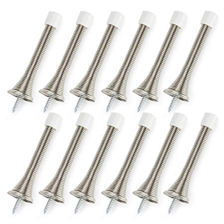 Brushed Satin Nickle Spring Door Stops,3-1/8” Heavy Duty Door Stop - Flexible Spring Door Stopper with Low Mounted Baby Proof White Rubber Bumper Tips,12 Pack