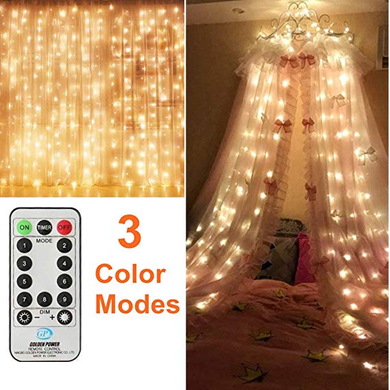 Tcamp Color Changing Curtain String Lights, 300LED Icicle Fairy Lights Warm White/White, 9.8FT x 9.8 FT, 9 Lighing Modes for Bedroom Bed Canopy Wedding Party [END to END Plug] [3 Color Modes]