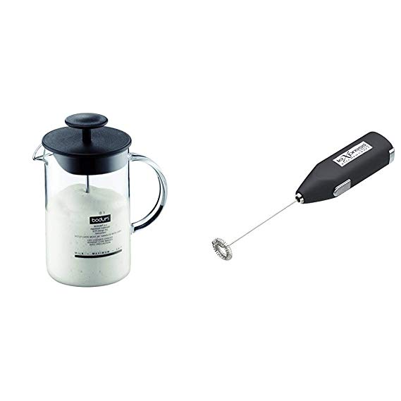BODUM 1446-01 Latteo Milk Frother, Borosilicate Glass - 0.25 L, Black/Transparent & KitchenCraft Le'Xpress Electric Milk Frother, Stainless Steel