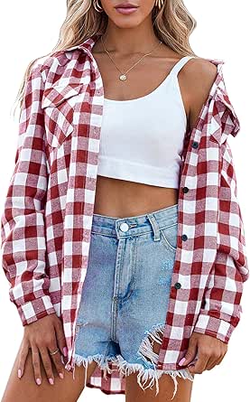 Zeagoo Womens Flannel Shirts Long/Roll Up Sleeve Collared Button Down Plaid Shirt Casual Work Tops