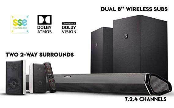 Nakamichi Shockwafe Elite 7.2.4Ch 800W Soundbar System with Dolby Atmos, Dolby Vision, Dual 8" Subs (Wireless) & Two 2-Way Rear Speakers