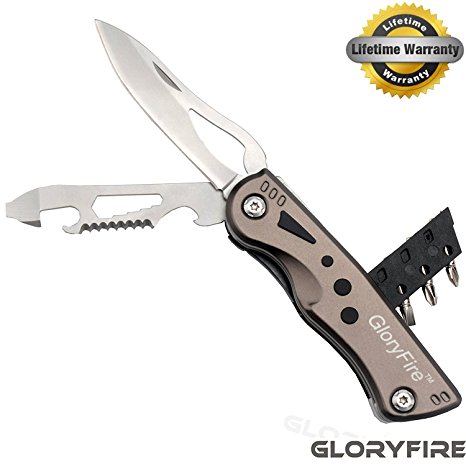 GLORYFIRE Folding Knife 9-in-1 Tactical Pocket Gear with LED Light Stainless Steel Mini Knife with Bottle Opener Screwdriver Saw for Camping Hunting Survival Emergency Military DIY Tasks