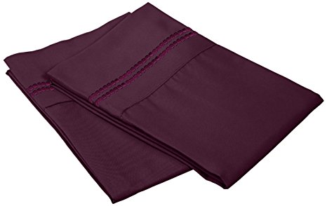 Super Soft Light Weight, 100% Brushed Microfiber, Standard, Wrinkle Resistant, 2-Piece Pillowcase Set, Plum with 2-Line Embroidery Detail