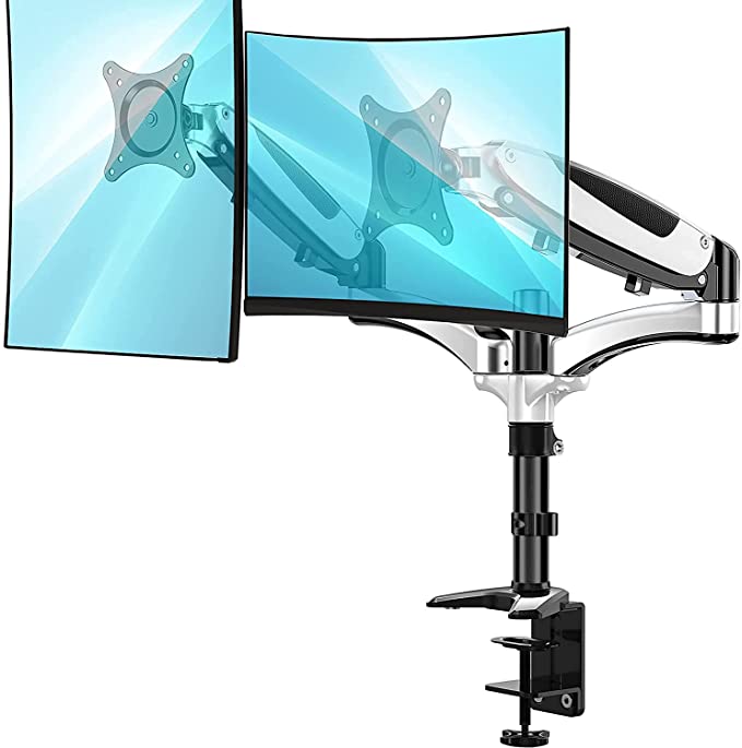 HUANUO Dual Monitor Mount, Full Motion Monitor Arm Stand, Height Adjustable Computer Monitor Riser with Gas Spring, C Clamp, Cable Management for Two 15 to 27 Inch LCD Screens