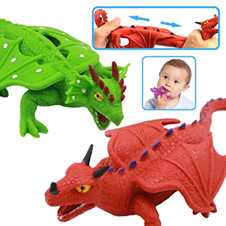 Dragon Toys,8 Inch Rubber Dinosaur Dragon Toys Set,Food Grade Material TPR Super Stretchy,ValeforToy Realistic Dragon Figure(Red&Green) Teething Bathtub Party Favors Learning Boy Kid Squishy Toys