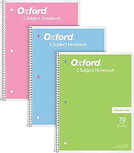 Oxford Spiral Notebooks, 1-Subject for School, College Ruled Paper, 70 Sheets, 8 x 10.5 Inches, Assorted Pastel Colors, 3 Pack (1002540)