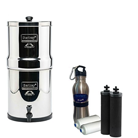 Travel Berkey Water Filter 1.5 Gallon System Bundle: 2 Black BB9 Filters, 2 PF2 Fluoride Filters, 1 Stainless Steel Water Bottle