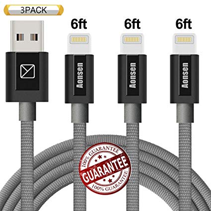 Youer Lightning Cable 3Pack 6FT Nylon Braided Certified iPhone Cable USB Cord Charging Charger for Apple iPhone 8, X, 7, 7 Plus, 6, 6s, 6 , 5, 5c, 5s, SE, iPad, iPod Nano, Touch (Grey)