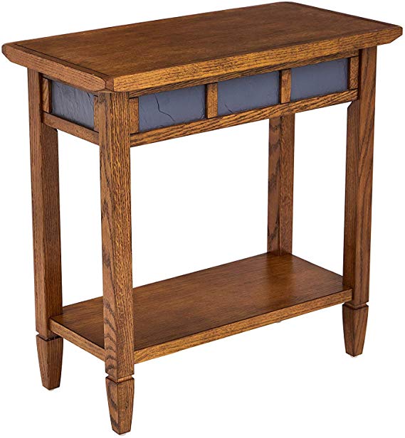Phoenix Home Tilburg Chair-Side Solid-Wood End Table with Slate Panels and Bottom Shelf, Antique Oak