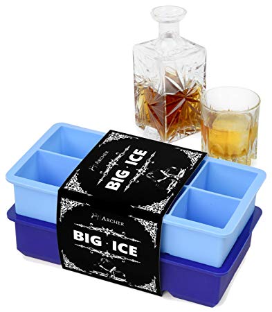 Ice Cube Trays Silicone - Big Ice by Archer - 8 Cavity Ice Maker X 2 inch Size Silicone Ice Molds - Large Ice Cube Tray for Whiskey Gin & Cocktails - Set of 2 Stackable Flexible Ice Trays - BPA Free