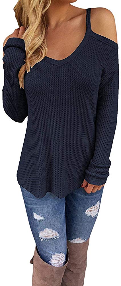 OURS Women's Casual Cold Shoulder Long Sleeve Shirts Waffle Knit Sweater Tops