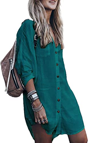 Bsubseach Women Loose Long Sleeve Swimsuit Cover Ups Button Down Beach Shirt