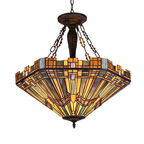 Chloe Lighting CH36432MS24-UH3 Tiffany Saxon, Tiffany-Style 3 Light Mission Inverted Ceiling Pendant Fixture 24" Shade, Multi