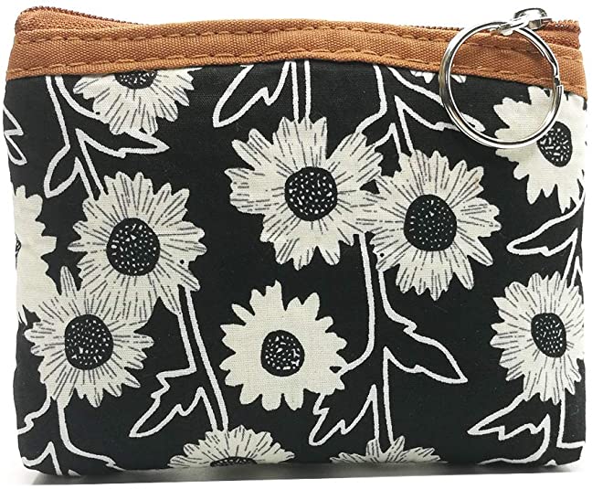 Sanxiner Floral Coin Purse with Key Ring Vintage Change Purse Coin Pouch Cute Zip Mini Wallet Card Holder
