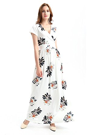 BAIJIE Women's Plus Size V-Neck Short Sleeve Split Floral Print Flowy Party Homecoming Maxi Long Dress