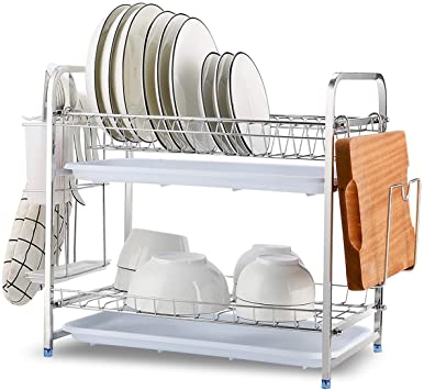 Aikaplus Professional Dish Drying Rack,304 Stainless Steel 2 Tier Dish Rack, Cutting Board Holder and Dish Drainer for Kitchen Counter,Anti Rust Dish Drainer Shelf with Drain Board (Silver)
