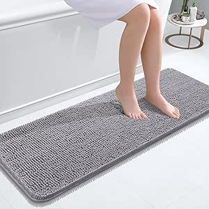 OLANLY Bathroom Rugs 47x17, Extra Soft Absorbent Chenille Bath Rugs, Non-Slip, Dry Quickly, Machine Washable, Bath Mats for Bathroom Floor, Tub and Shower, Grey