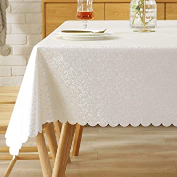 Rectangle Tablecloth Vinyl Oilcloth Picnic PVC Wipeable Plastic Spillproof Peva Oil-Proof Waterproof Heavy Duty Homespun Floral Tablecloths White Flowers 8ft 54x108 Inch