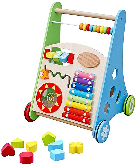 Pidoko Kids Block and Roll Cart - Wooden Push and Pull Baby Walker with Multiple Activity Centre