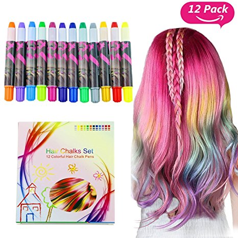 Buluri 12 Colors Hair Chalk Set Non-Toxic Chalk Hair Dye Pens Temporary Hair Color for Age 4 5 6 Plus Girls Boys, Perfect Gifts for Carnival, Birthday, Festival (White Package)