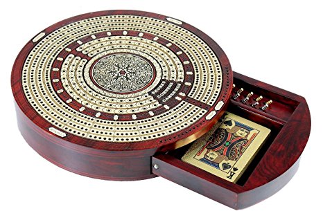 House of Cribbage - Round Shape 4 Tracks Continuous Cribbage Board Bloodwood / Maple with Push Drawer & place for Skunks, Corners & Won Games