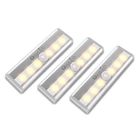 OxyLED Motion Sensor Lights, Mini Size with 6 LED Night Light for Closet Cabinet Wardrobe Ambry Cupboard Drawer Stairs Step, Stick-on Safe Lights Bed Light, 3 Pack, Battery Operated, Warm Light