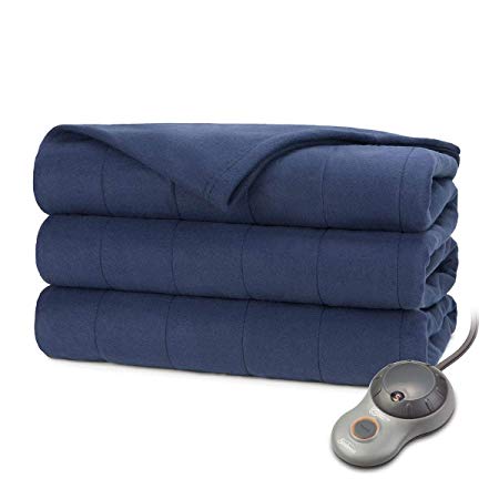 Sunbeam Soft Quilted Fleece Electric Heated Warming Blanket Twin Newport Blue Washable Auto Shut Off 10 Heat Settings