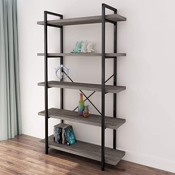 45MinST 5-Tier Vintage Industrial Style Bookcase/Metal and Wood Bookshelf Furniture for Collection, Gray Oak (5-Tier)