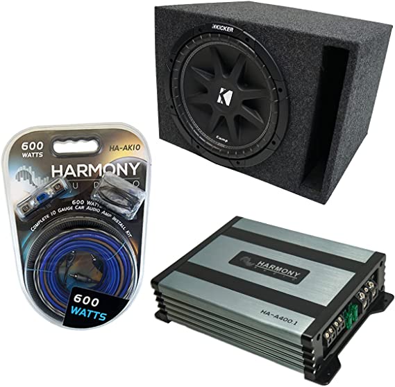 Kicker Bundle Compatible with Universal Vehicle 43C124-N Single 12" 150W Loaded Sub Box Enclosure with Harmony Audio HA-A400.1 Mono Amplifier