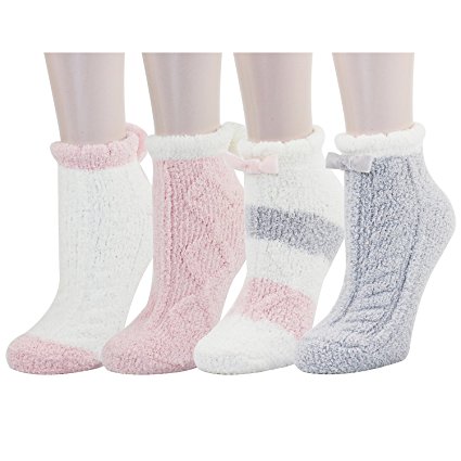 Zmart 4 Pack Women Colorful Indoors Anti-Slip Winter Fluffy Fuzzy Slipper Socks