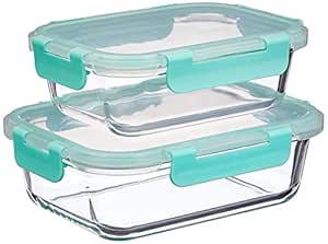 Amazon Brand - Solimo Glass Storage Containers with Break-Free, Detachable Locks, Airtight, Leakproof, Microwave-Safe, Oven-Safe, Freezer-Safe, Set of 2, Rectangle (600   1,000 Ml) - Transparent