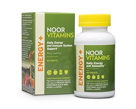 NoorVitamins ENERGY  Multivitamin with Organic Fruits, Vegetables, Black Seed, Honey and Dates - Formulated to Support Daily Energy, Eye, Bone and Heart Health - 60 Count - Halal Vitamins