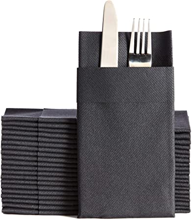 Black Dinner Napkins Cloth Like with Built-in Flatware Pocket, Linen-Feel Absorbent Disposable Paper Hand Napkins for Kitchen, Bathroom, Parties, Weddings, Dinners or Events, 16x16 inches, Pack of 50