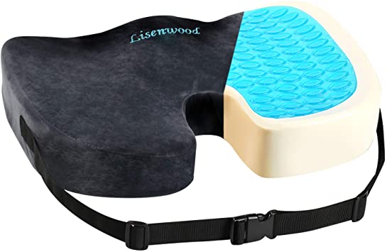 Lisenwood Gel Seat Cushion | 100% Memory Foam Coccyx Cushion for Tailbone Pain Relief | Gel & Non-Slip & Strap Fixing Cushion - Comfort Office Chair Car Seat Cushion for Sciatica & Back Pain Relief